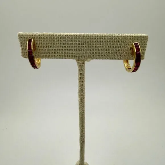 Stunning channelāset, princess cut RUBY huggie hoop earrings,14kt yellow gold - Picture 3 of 16